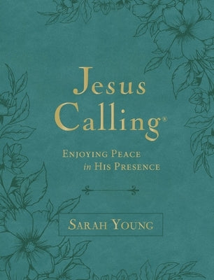 Large teal imitation leather devotional book with full scriptures, titled "Jesus Calling" by Thomas Nelson, featuring 365 daily reflections.