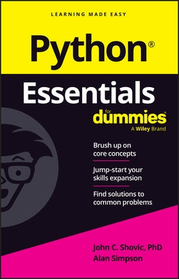 Paperback copy of Python Essentials for Dummies by For Dummies, featuring a cover with Python programming imagery.