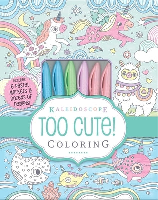 Silver Dolphin Books Kaleidoscope Too Cute! coloring paperback with colorful designs and six pastel markers on the cover.