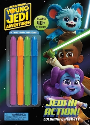 Paperback copy of Star Wars Young Jedi Adventures: Jedi in Action! by Studio Fun International featuring colorful Jedi characters on the cover.