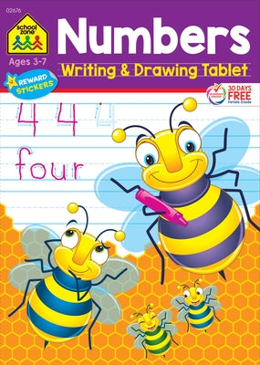 School Zone paperback numbers writing and drawing tablet workbook for kids, featuring colorful number practice pages.