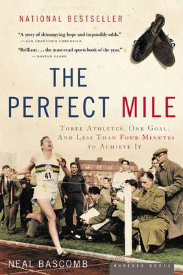 Paperback of "The Perfect Mile" by Mariner Books, showing the book cover with a running athlete silhouette and title text.