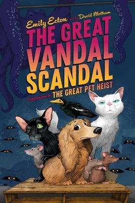 Paperback copy of The Great Vandal Scandal by Atheneum Books for Young Readers, showing the book cover with colorful illustrations.