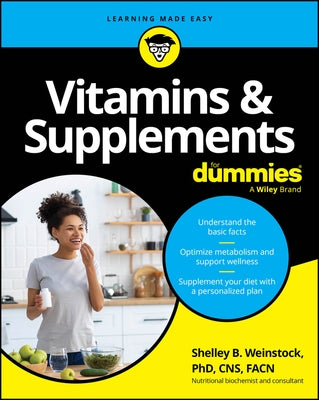 Paperback book titled "Vitamins & Supplements for Dummies" by For Dummies, featuring a colorful cover with health and supplement icons.