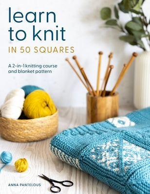 Paperback knitting book titled "Learn to Knit in 50 Squares" by David & Charles, featuring a colorful blanket pattern on the cover.