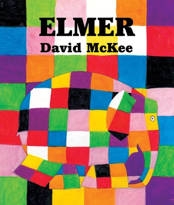 Hardcover of the paperback book "Elmer" by HarperCollins featuring colorful cover art with a patchwork elephant illustration.