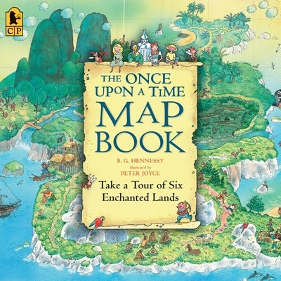Pink paperback of The Once Upon a Time Map Book by Candlewick Press showing colorful illustrated maps and story scenes.