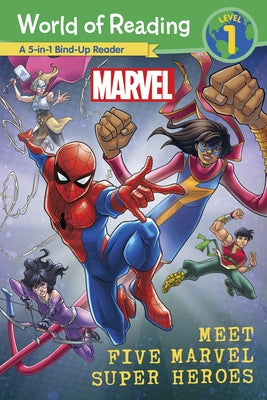 Paperback of World of Reading: Meet Five Marvel Super Heroes by Marvel, featuring colorful illustrations of popular Marvel characters.