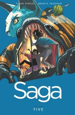Paperback copy of Saga, Volume 5 comic book by Image Comics featuring colorful fantasy and sci-fi artwork.