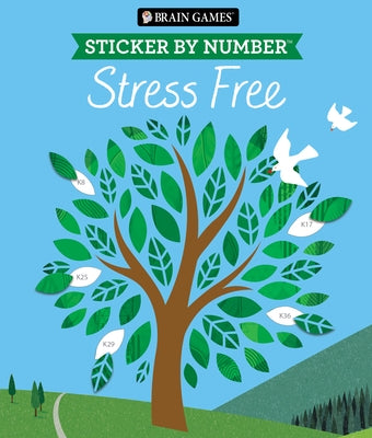 Paperback Brain Games Sticker by Number book featuring stress-free designs and 28 images for coloring and sticker activities.