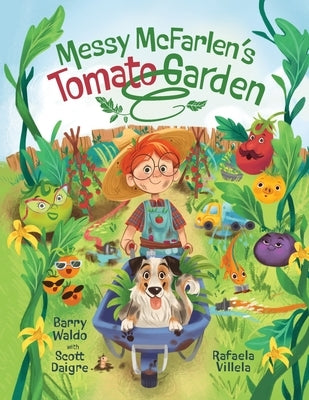 Paperback children's book titled Messy McFarlen's Tomato Garden by Bear Affair Inc, featuring colorful illustrations of a gardening scene.