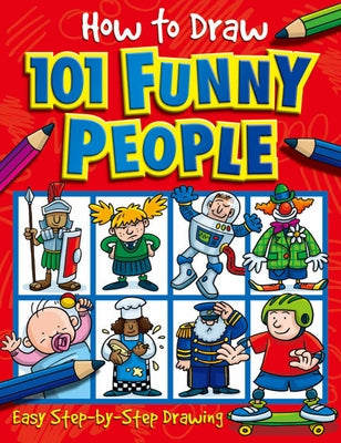 Paperback book titled "How to Draw 101 Funny People" by Two Windmills, showing colorful cover artwork with humorous illustrations.