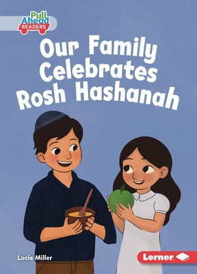 Paperback book titled "Our Family Celebrates Rosh Hashanah" by Lerner Publications, showing a family celebrating the Jewish New Year.