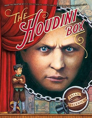 Paperback of The Houdini Box by Atheneum Books for Young Readers, showing the book cover with magician-themed illustrations.