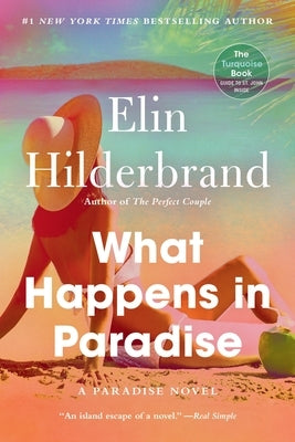 Cover of the paperback novel "What Happens in Paradise" by Back Bay Books featuring a colorful beach scene illustration.