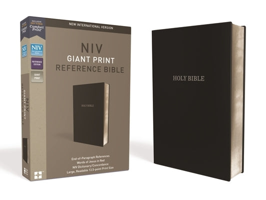 Black leather-look NIV Reference Bible with giant print, red letter edition and comfort print, featuring Zondervan branding.