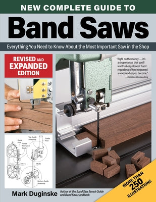Paperback book titled "New Complete Guide to Band Saws" by Fox Chapel Publishing, featuring a cover image with woodworking tools.