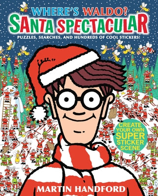 Paperback Where's Waldo? Santa Spectacular puzzle book featuring Christmas-themed hidden objects, stickers, and festive illustrations.