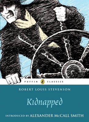 Paperback copy of the novel Kidnapped by Puffin Books featuring a cover illustration of a young boy in historical clothing.