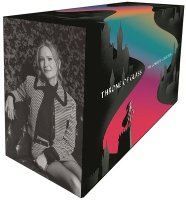 Bloomsbury Publishing throne of glass paperback box set with multiple book spines arranged neatly, colorful fantasy novel collection