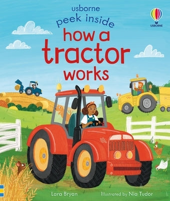 Open page of Usborne Books' tractor board book showing detailed illustrations of tractor parts and how a tractor works.