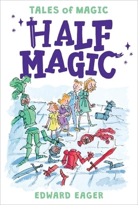 Paperback of Half Magic novel by Clarion Books, featuring colorful cover art with whimsical illustrations.