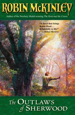 Paperback copy of The Outlaws of Sherwood by Viking Books for Young Readers, showing the book cover with illustrated characters.