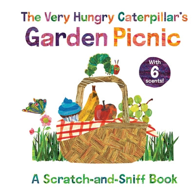 Colorful board book from World of Eric Carle featuring The Very Hungry Caterpillar's garden picnic with scratch-and-sniff scent pages.