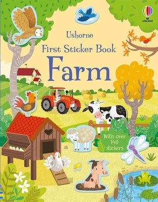 Usborne Books First Sticker Book Farm paperback with colorful farm scenes and reusable stickers for children.