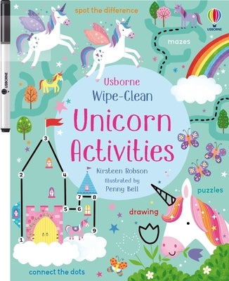 Usborne Books wipe-clean unicorn activities paperback with colorful unicorn illustrations and engaging activities for children.