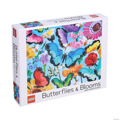 Lego Butterflies & Blooms 1000-piece puzzle by Chronicle Books featuring colorful butterfly and floral illustrations on the box.