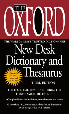 Mass market paperbound Oxford New Desk Dictionary and Thesaurus by Berkley Books, open to pages showing dictionary and thesaurus entries.