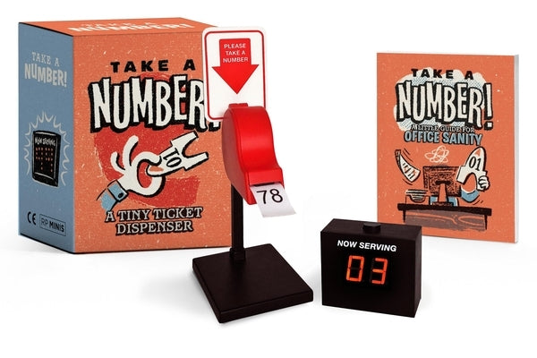 Paperback Take a Number! Tiny Ticket Dispenser by Rp Minis, featuring a compact design with small numbered tickets.