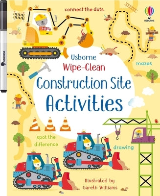 Usborne Books wipe-clean construction site activities paperback with colorful construction-themed illustrations for kids