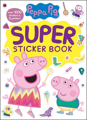 Peppa Pig Super Sticker Book by Golden Books showing colorful pages with over 1000 stickers and 8 posters in a paperback format.