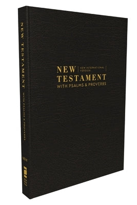 Black paperback Niv Bible with Psalms and Proverbs, pocket-sized Zondervan New Testament with comfort print, shown closed.