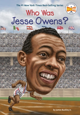 Paperback book titled "Who Was Jesse Owens?" by Penguin Workshop, featuring a colorful cover with an illustration of Jesse Owens.