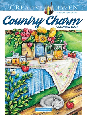 Paperback Creative Haven Country Charm Coloring Book by Dover Publications featuring charming country-themed illustrations.