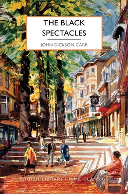 Paperback of The Black Spectacles by Poisoned Pen Press featuring a dark cover with eerie illustrations and bold title text.