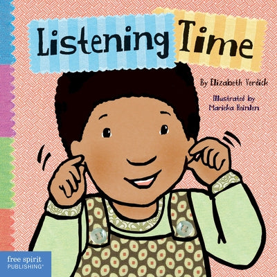 Close-up of the front cover of the Listening Time board book by Free Spirit Publishing, featuring colorful illustrations and title text.