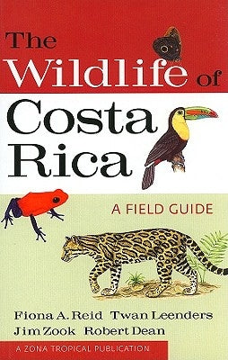 Paperback field guide titled "The Wildlife of Costa Rica" by Comstock Publishing showing colorful Costa Rican wildlife illustrations.