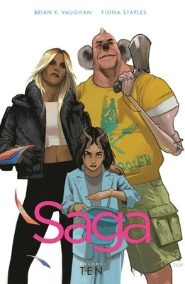 Saga Volume 10 paperback comic book by Image Comics featuring vibrant cover art with characters in a cosmic setting.