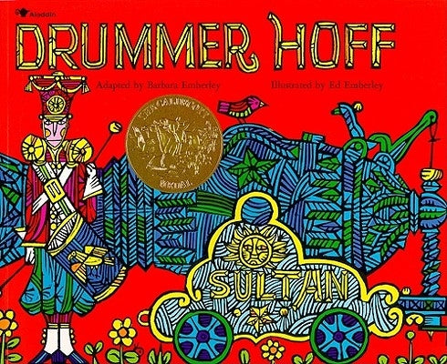Paperback copy of Drummer Hoff by Aladdin Paperbacks, featuring colorful cover art with a drummer boy and lively scene.