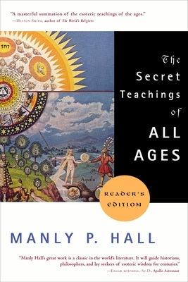 Paperback copy of The Secret Teachings of All Ages by Tarcher featuring detailed cover art on mystical and philosophical symbols.