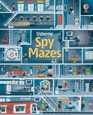 Open paperback of Spy Mazes by Usborne Books showing colorful maze puzzles on the pages.
