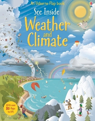 Inside view of the "See Inside Weather and Climate" board book by Usborne Books showing colorful weather illustrations.