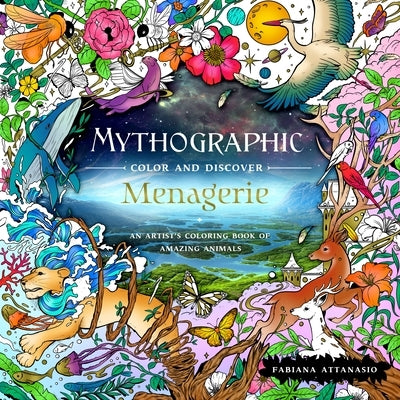 Mythographic Color and Discover Menagerie paperback coloring book with detailed animal illustrations on the cover