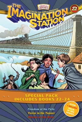 Set of three paperback Imagination Station books by Focus on the Family Publishing featuring adventure covers with characters and action scenes.