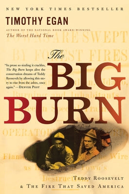 Paperback of The Big Burn by Mariner Books featuring Teddy Roosevelt on the cover, about the historic forest fire that saved America.