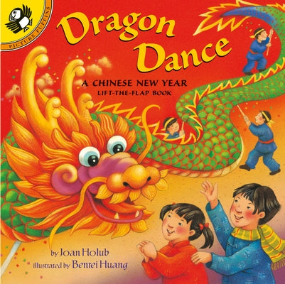 Paperback Dragon Dance Chinese New Year lift-the-flap book by Puffin Books showing colorful dragon illustrations and festive scenes.